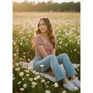 Joocy Babi Pink Floral Smocked Puff Sleeve Square Neck Crop Top Women's M